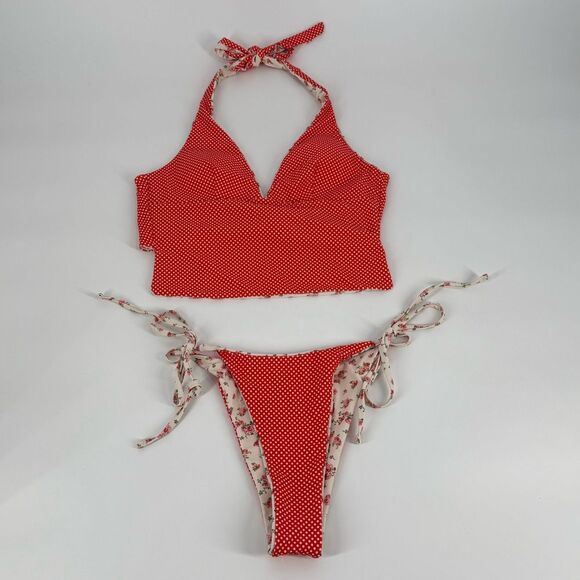 Seamolly Reversible Ditsy Floral & Polka Dot Halter Tie Side Tankini Set | Small - Picture 4 of 8